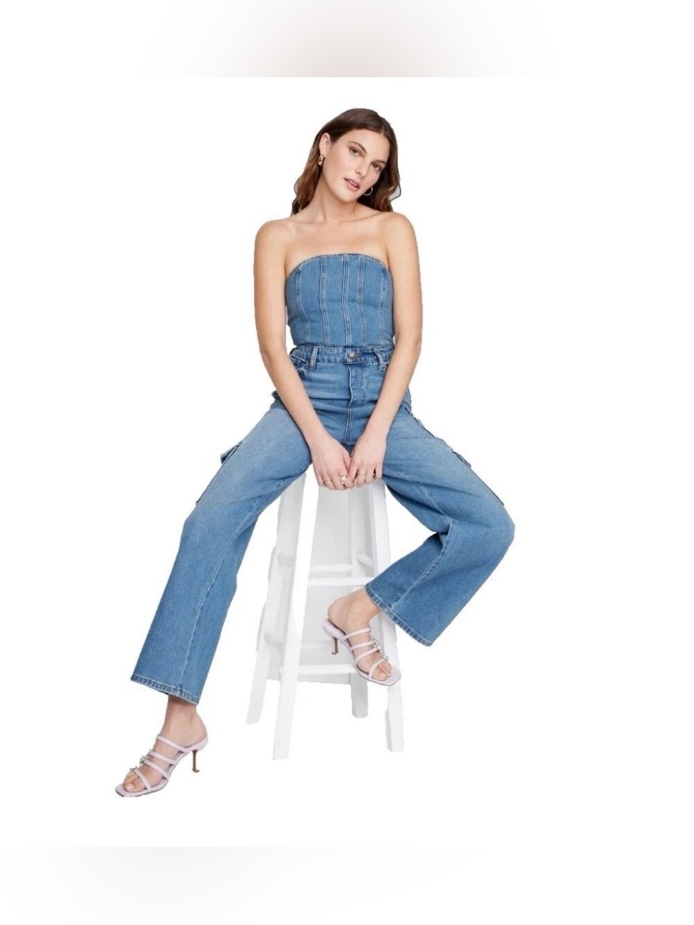 Wild Fable Light Blue Strapless Denim Jumpsuit with Straight Leg Jeans